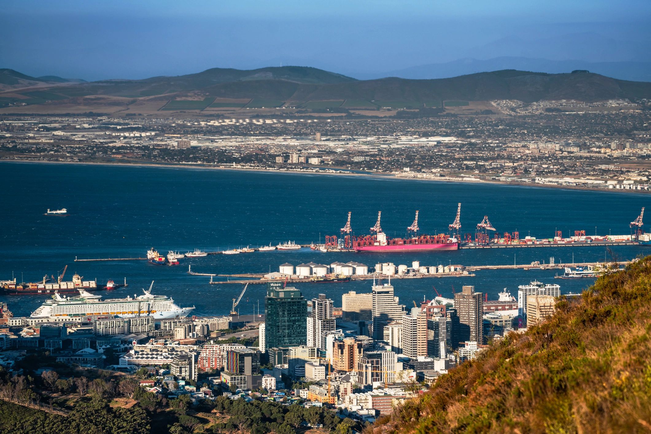 Cruise liner and harbour skyline in Cape Town from an aerial view