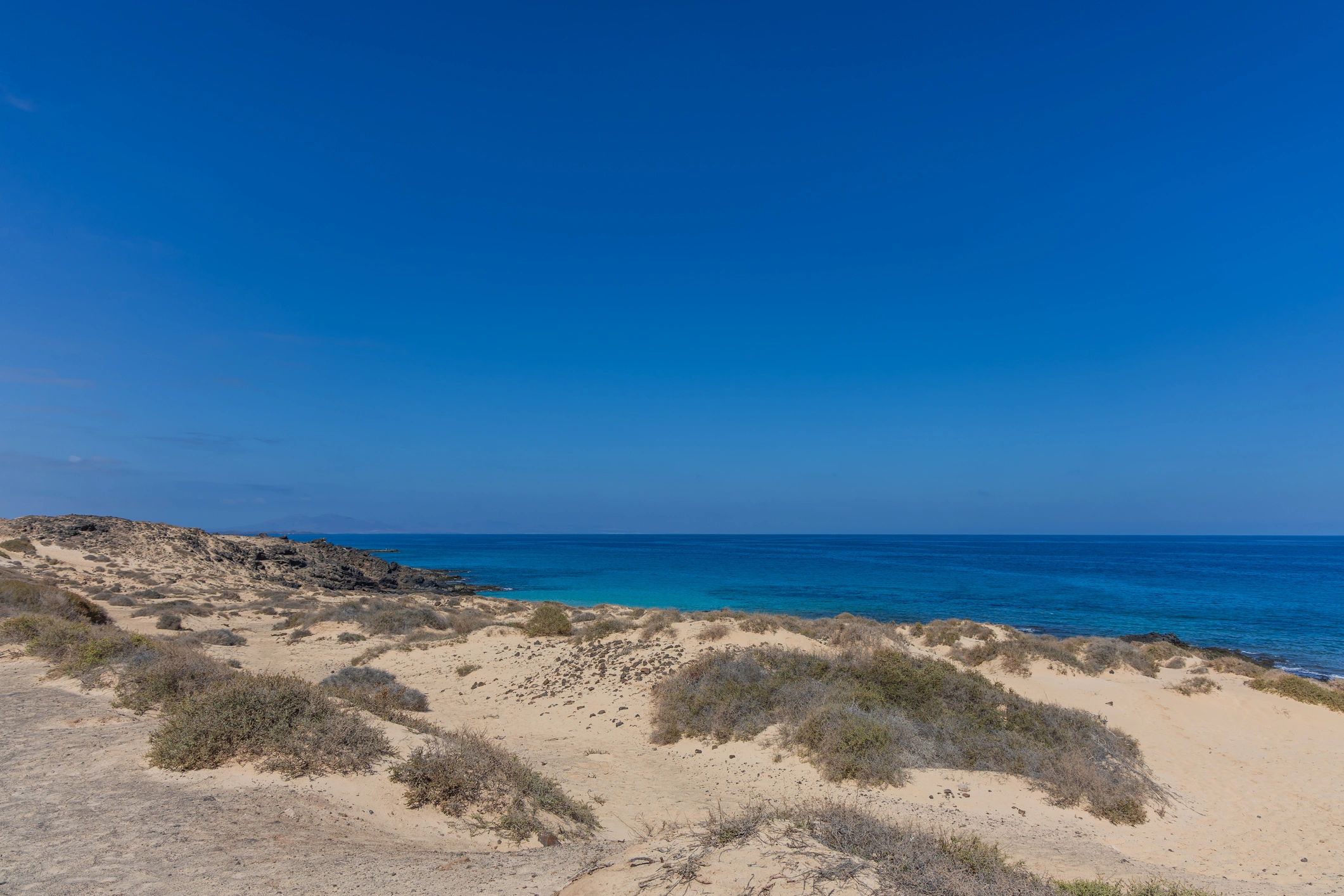 Beautiful Sand Dunes And Turquoise Ocean Under Clear Blue Sky In Fuerteventura