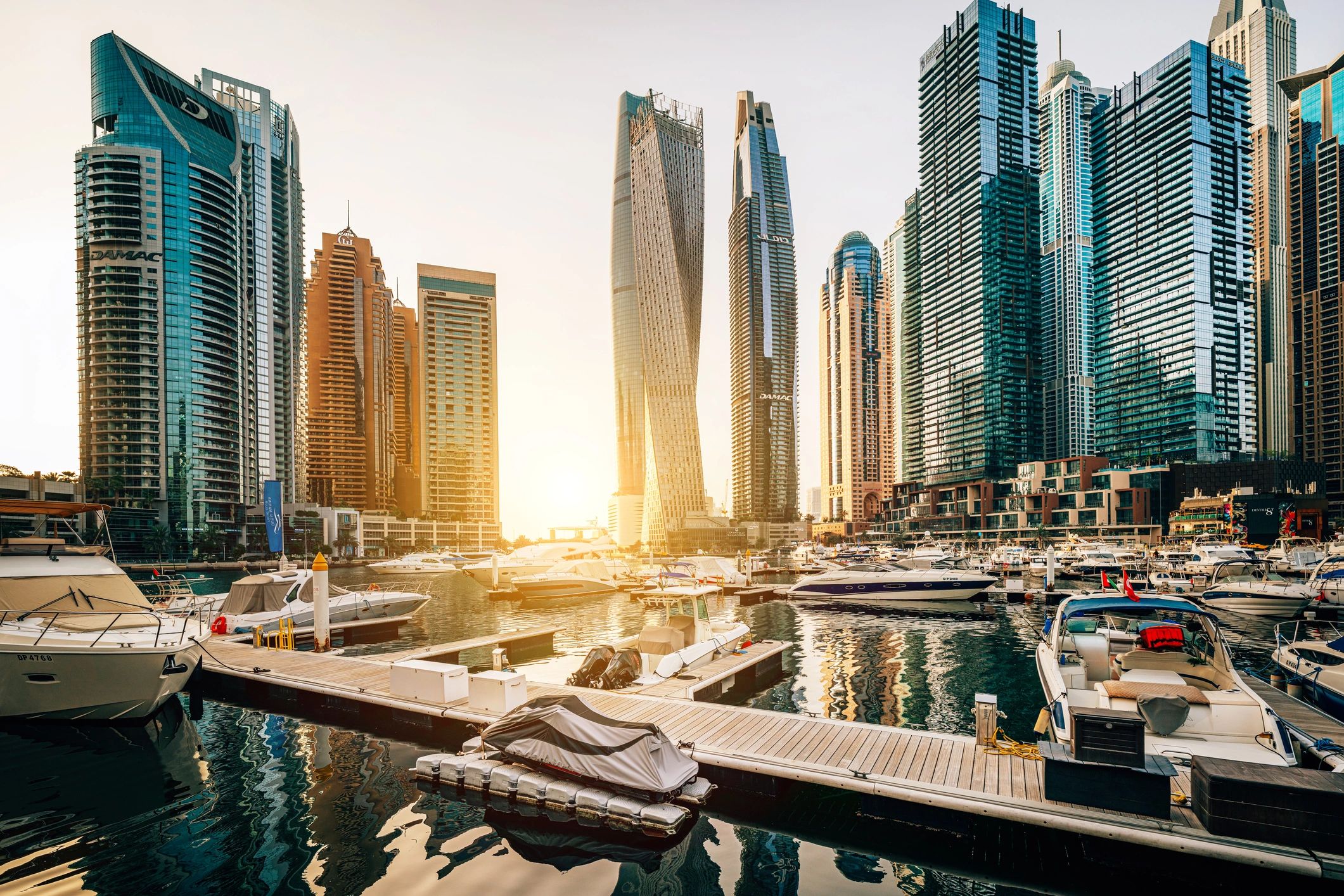 Dubai Marina Skyline With Yachts at Sunset