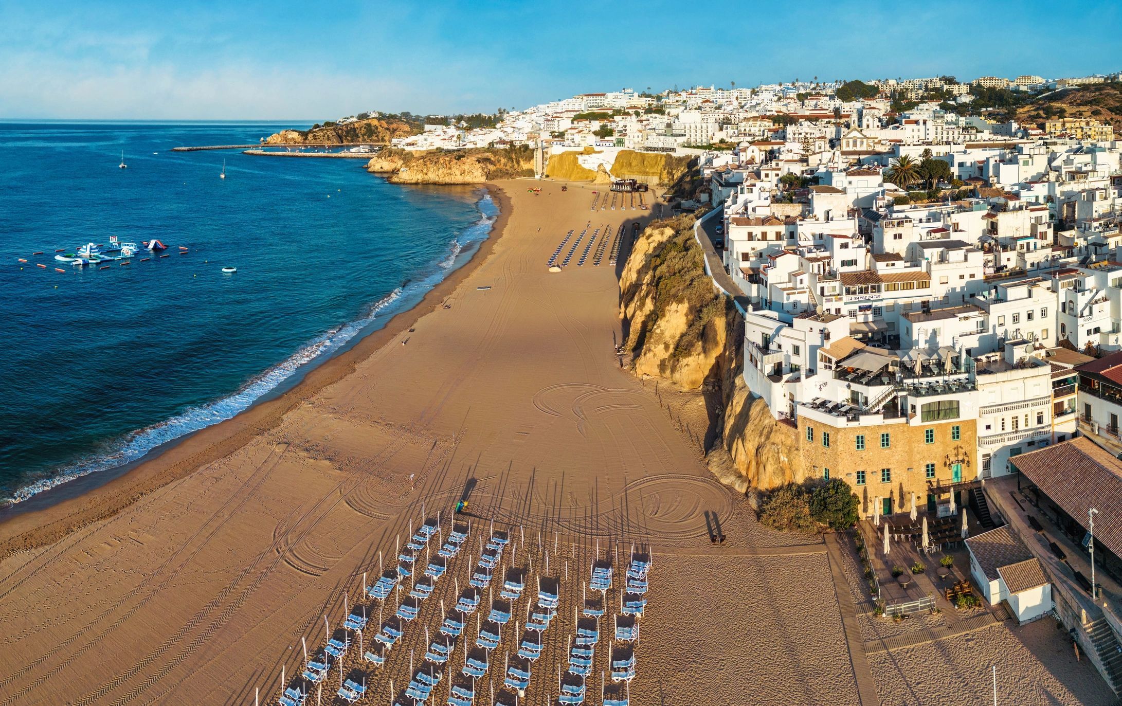 Albufeira coastline and beach at sunrise in the Algarve