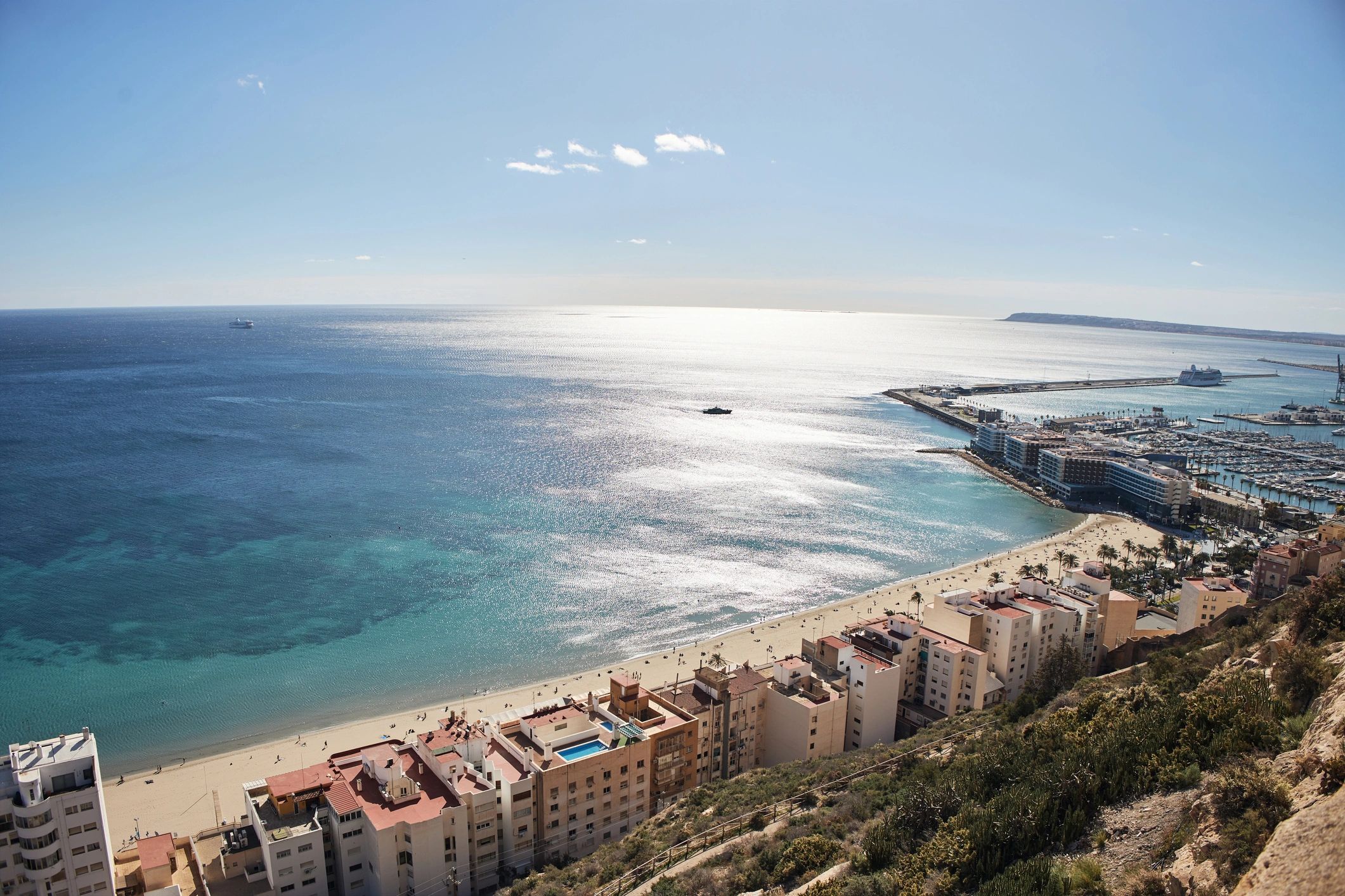 Alicante cityscape showcasing Postiguet Beach and marina on the Costa Blanca