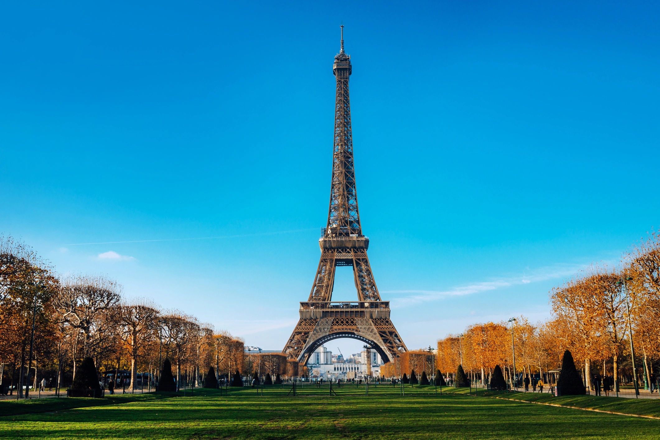 Eiffel Tower in Paris against a clear blue sky